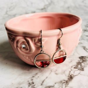 New! Red Marble Circle Drop Earrings in Silver.